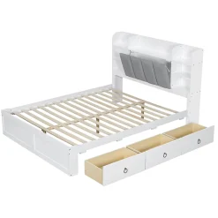 Lit Double 160x200 cm avec 3 Tiroirs Sur Roulettes, Rangement Sous Sommier, Tête de Lit avec Étagères - Pin Massif, Blanc Velours