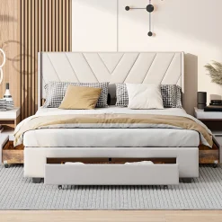 Lit double 160x200 cm avec 3 tiroirs, sommier à lattes, lit queen size, linge, lit capitonné pour adulte - Beige