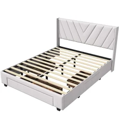 Lit double 160x200 cm avec 3 tiroirs, sommier à lattes, lit queen size, linge, lit capitonné pour adulte - Beige