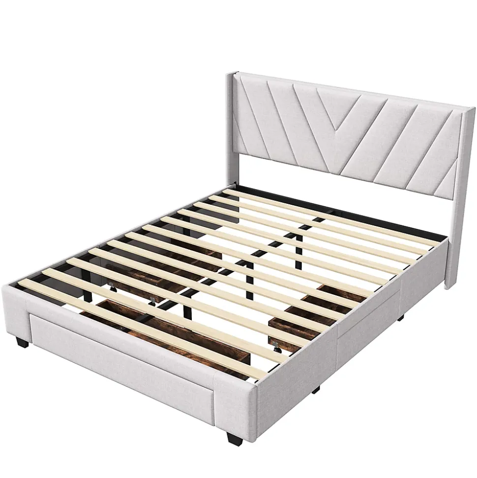 Lit double 160x200 cm avec 3 tiroirs, sommier à lattes, lit queen size, linge, lit capitonné pour adulte - Beige