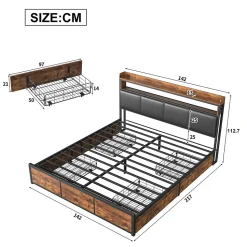 Lit double 140x200 cm avec cadre en métal, tête de lit en PU noir mat motif tigre et éclairage LED intégré