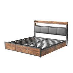 Lit double 140x200 cm avec cadre en métal, tête de lit en PU noir mat motif tigre et éclairage LED intégré