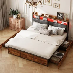 Lit double 140x200 cm avec cadre en métal, tête de lit en PU noir mat motif tigre et éclairage LED intégré