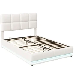 Lit Double 140x190 Cm, Avec Éclairage LED, Lit Avec Sommier Et Rangement, Pu, Blanc