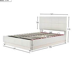 Lit Double 140x190 Cm, Avec Éclairage LED, Lit Avec Sommier Et Rangement, Pu, Blanc