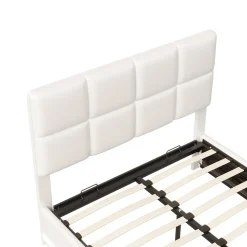 Lit Double 140x190 Cm, Avec Éclairage LED, Lit Avec Sommier Et Rangement, Pu, Blanc