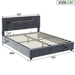 Lit Double 160x200 cm avec Coffre de Rangement Hydraulique Velours Capitonné Gris, Éclairage LED Intégré et Cadre Robuste