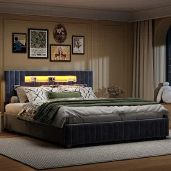 Lit Double 140x200 cm avec Coffre de Rangement Hydraulique Velours Capitonné Gris, Éclairage LED Intégré et Cadre Robuste