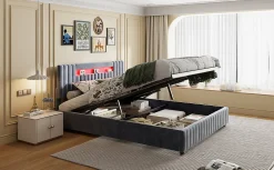 Lit Double 140x200 cm avec Coffre de Rangement Hydraulique Velours Capitonné Gris, Éclairage LED Intégré et Cadre Robuste