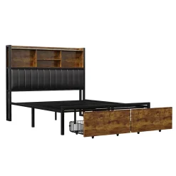 Lit double 140x200 cm avec LED, structure en métal, 2 tiroirs, tête de lit avec rangement, sommier à lattes