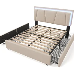 Lit Double 140x200 cm avec LED et Tiroirs - Lit Capitonné avec Tête Réglable et Rangement - en Lin Beige, Sans Matelas