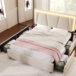 Lit Double 140x200 cm avec LED et Tiroirs - Lit Capitonné avec Tête Réglable et Rangement - en Lin Beige, Sans Matelas