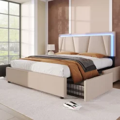 Lit Double 140x200 cm avec LED et Tiroirs - Lit Capitonné avec Tête Réglable et Rangement - en Lin Beige, Sans Matelas