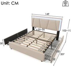 Lit Double 140x200 cm avec LED et Tiroirs - Lit Capitonné avec Tête Réglable et Rangement - en Lin Beige, Sans Matelas
