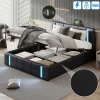 Lit double 140x200 cm avec LED, USB, tête de lit, sommier à lattes, PU noir, fonction de charge