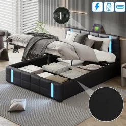 Lit double 140x200 cm avec LED, USB, tête de lit, sommier à lattes, PU noir, fonction de charge