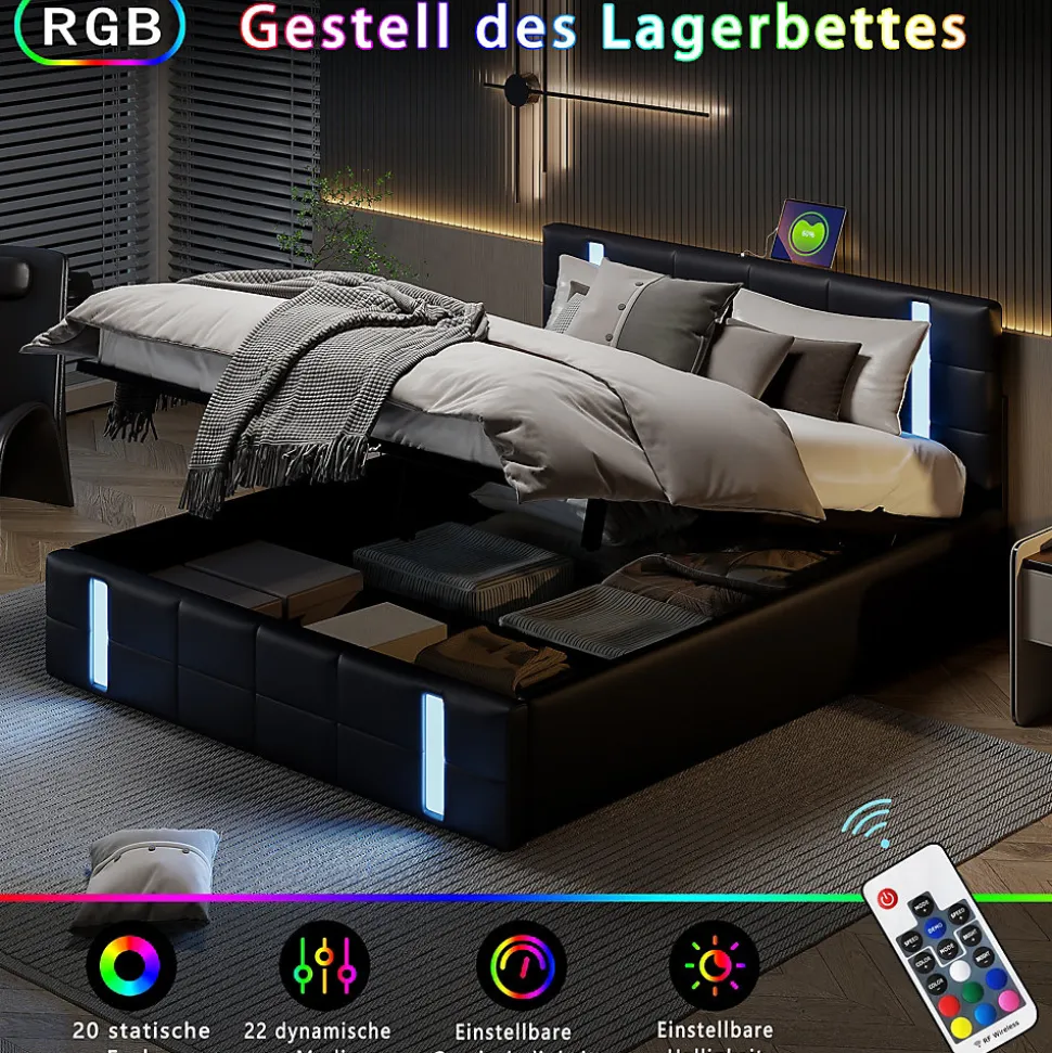 Lit double 140x200 cm avec LED, USB, tête de lit, sommier à lattes, PU noir, fonction de charge