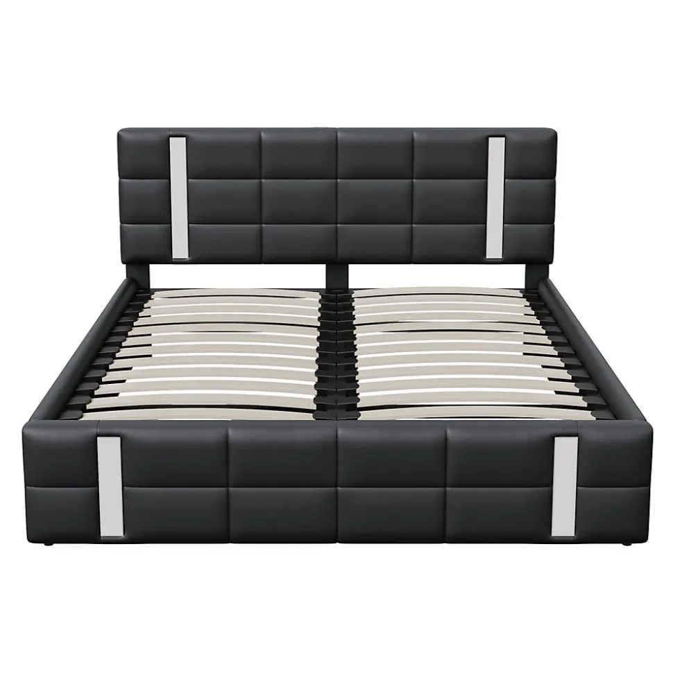Lit double 140x200 cm avec LED, USB, tête de lit, sommier à lattes, PU noir, fonction de charge