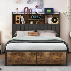 Lit double 140x200 cm avec LED, cadre métal, 2 tiroirs, tête avec rangement, sommier lattes