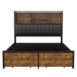 Lit double 160x200 cm avec LED, cadre métal, 2 tiroirs, tête avec rangement, sommier lattes