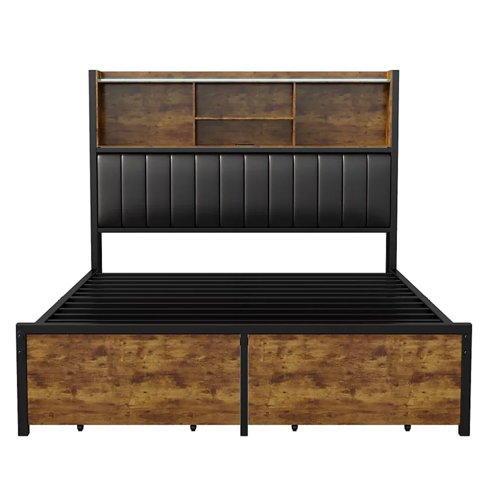 Lit double 160x200 cm avec LED, cadre métal, 2 tiroirs, tête avec rangement, sommier lattes