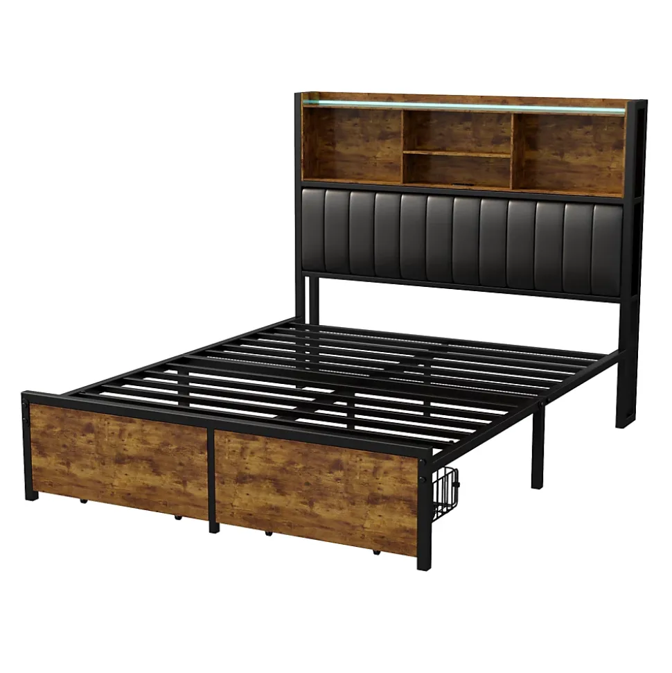 Lit double 160x200 cm avec LED, cadre métal, 2 tiroirs, tête avec rangement, sommier lattes