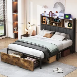 Lit double 160x200 cm avec LED, cadre métal, 2 tiroirs, tête avec rangement, sommier lattes