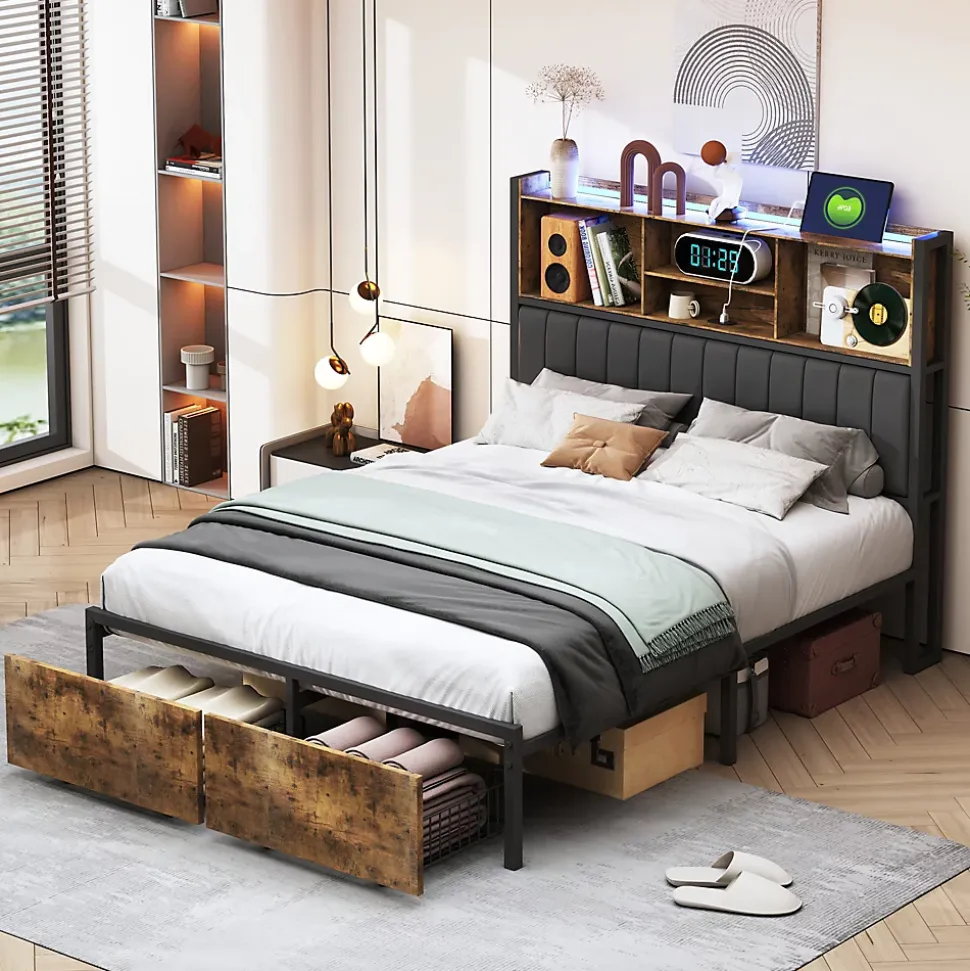 Lit double 160x200 cm avec LED, cadre métal, 2 tiroirs, tête avec rangement, sommier lattes