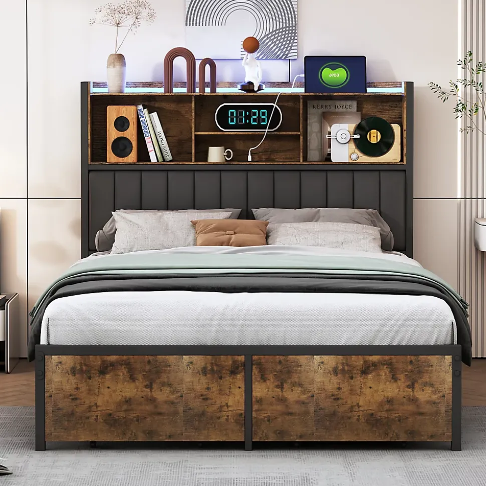 Lit double 160x200 cm avec LED, cadre métal, 2 tiroirs, tête avec rangement, sommier lattes