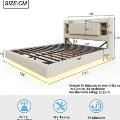 Lit Double 140x200 cm avec Ports USB, Éclairage LED et Rangement Intégré - Tête de Lit Réversible - Lin Beige