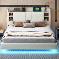 Lit Double 160x200 cm avec Ports USB, Éclairage LED et Rangement Intégré - Tête de Lit Réversible - Lin Beige, Sans Matelas