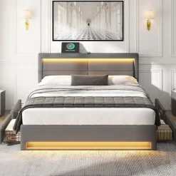 Lit double 140x200 cm avec Rangement - Lit Capitonné PU avec USB et Chargeur Sans Fil Intégré, Éclairage LED - Gris - Sans Matelas