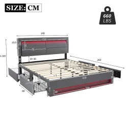 Lit double 140x200 cm avec Rangement - Lit Capitonné PU avec USB et Chargeur Sans Fil Intégré, Éclairage LED - Gris - Sans Matelas