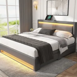 Lit double 140x200 cm avec Rangement - Lit Capitonné PU avec USB et Chargeur Sans Fil Intégré, Éclairage LED - Gris - Sans Matelas