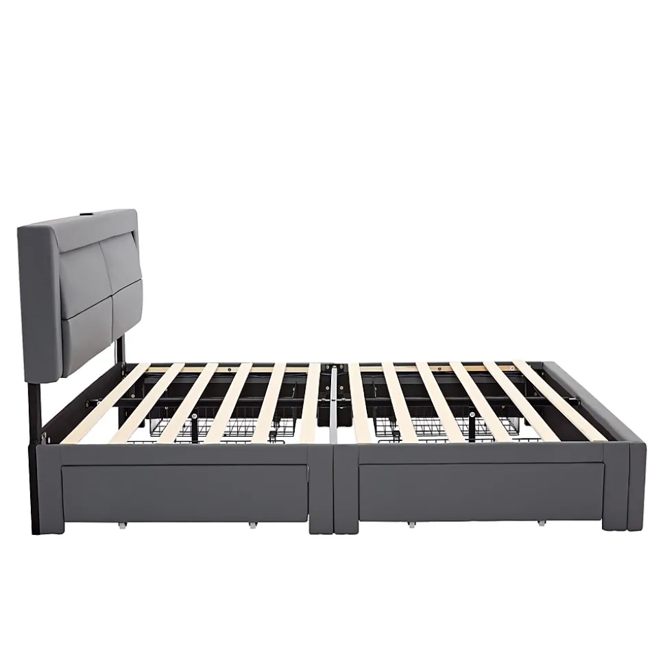 Lit double 140x200 cm avec Rangement - Lit Capitonné PU avec USB et Chargeur Sans Fil Intégré, Éclairage LED - Gris - Sans Matelas