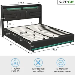 Lit Double 140x200 Cm Avec Rangement Et Port De Charge, Éclairage Par Bande Lumineuse, Noir