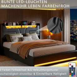 Lit Double 140x200 Cm Avec Rangement Et Port De Charge, Éclairage Par Bande Lumineuse, Noir