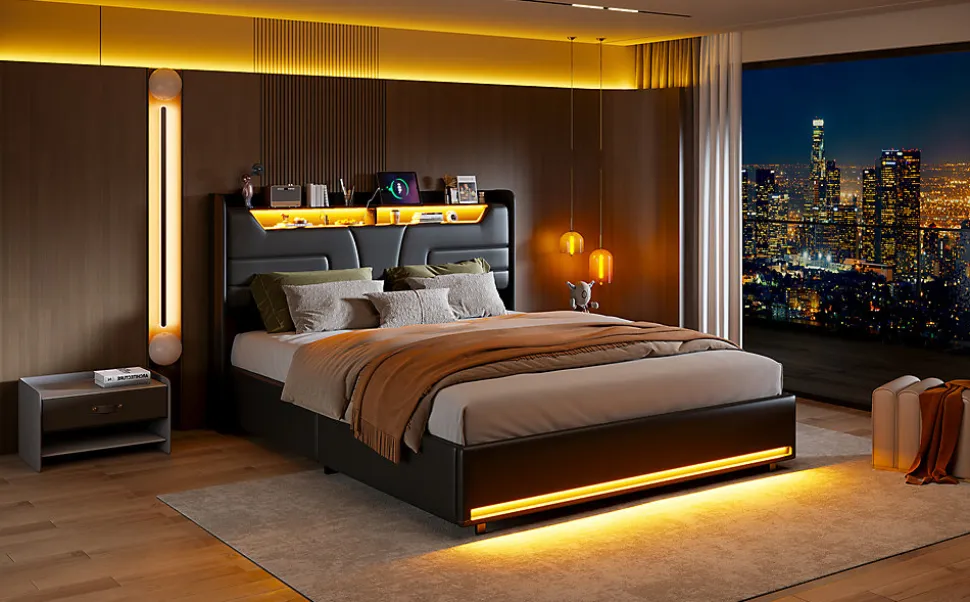 Lit Double 140x200 Cm Avec Rangement Et Port De Charge, Éclairage Par Bande Lumineuse, Noir