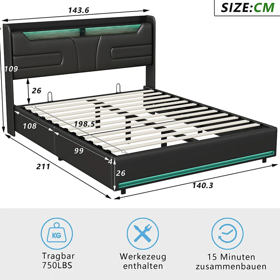 Lit Double 140x200 Cm Avec Rangement Et Port De Charge, Éclairage Par Bande Lumineuse, Noir