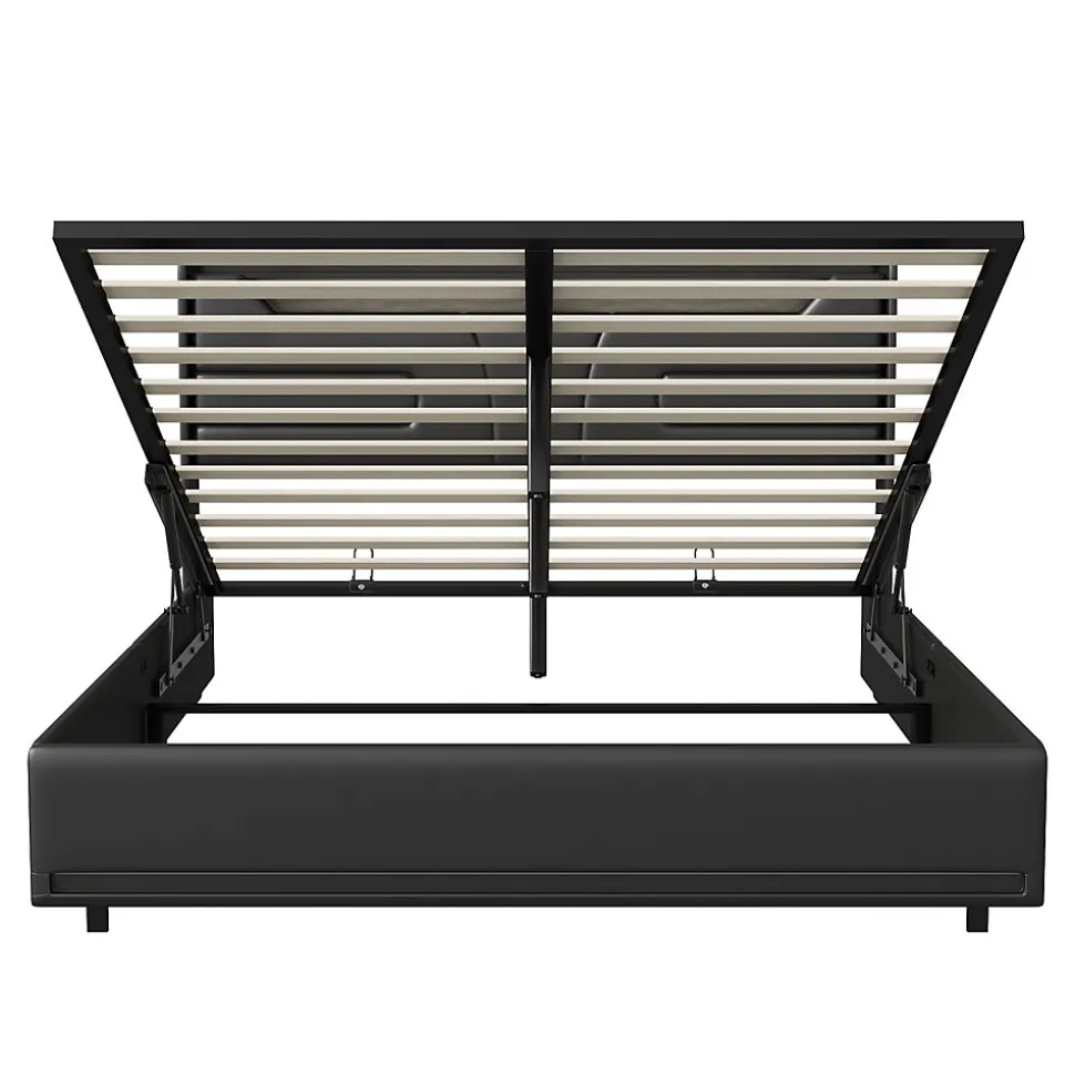 Lit Double 140x200 Cm Avec Rangement Et Port De Charge, Éclairage Par Bande Lumineuse, Noir