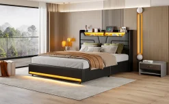 Lit Double 140x200 Cm Avec Rangement Et Port De Charge, Éclairage Par Bande Lumineuse, Noir