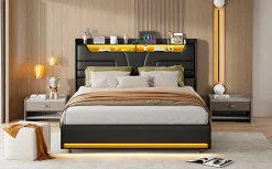 Lit Double 140x200 Cm Avec Rangement Et Port De Charge, Éclairage Par Bande Lumineuse, Noir