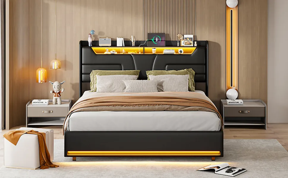 Lit Double 140x200 Cm Avec Rangement Et Port De Charge, Éclairage Par Bande Lumineuse, Noir