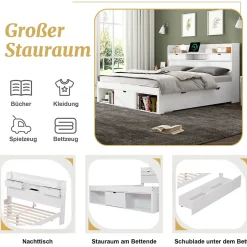 Lit double 140x200 cm avec tiroirs, armoire latérale et port USB, structure pin et contreplaqué blanc, sans matelas