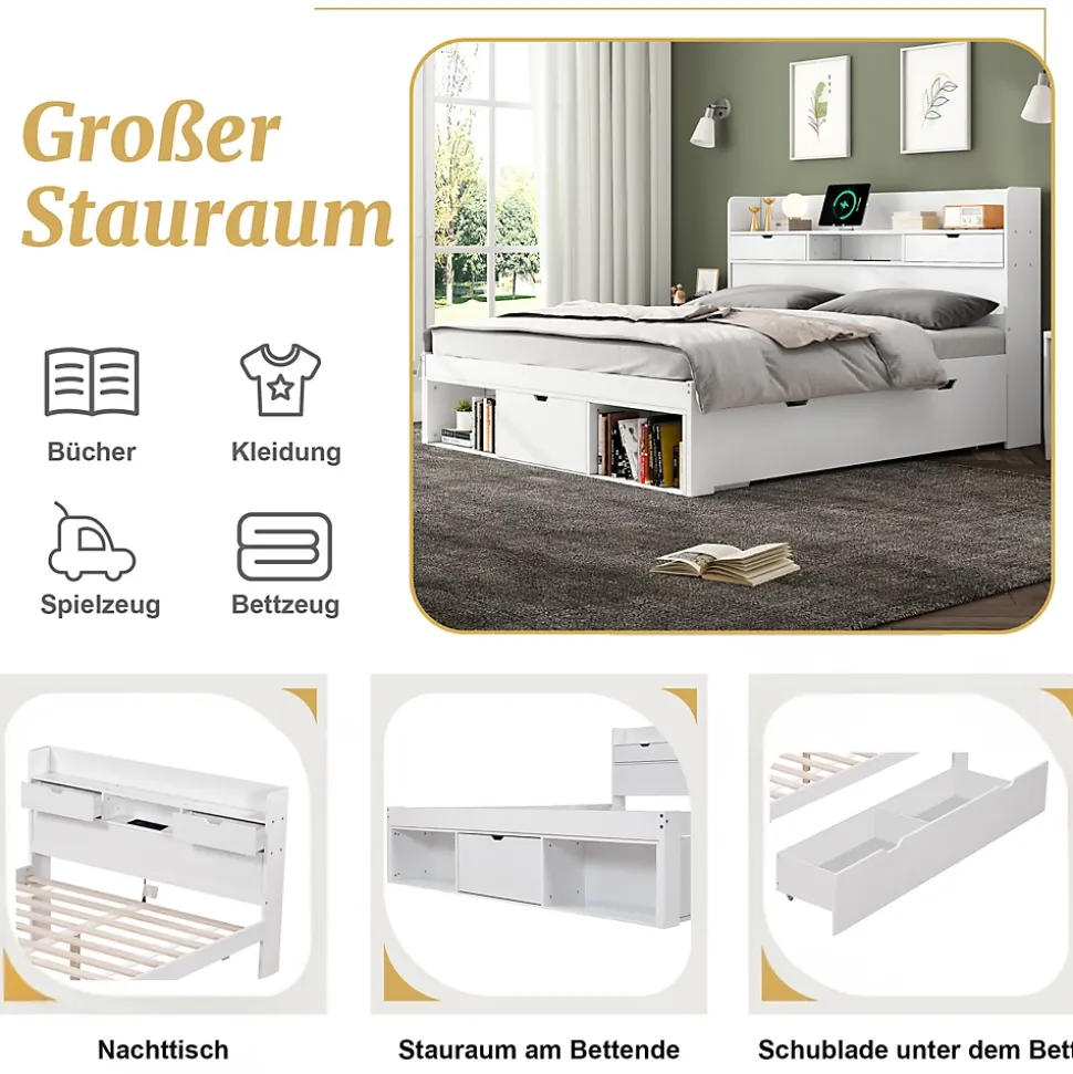 Lit double 140x200 cm avec tiroirs, armoire latérale et port USB, structure pin et contreplaqué blanc, sans matelas