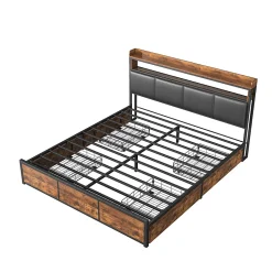 Lit double 140x200 cm avec tiroirs, LED, tête de lit avec rangement, cadre en métal, noir mat