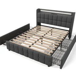 Lit double 160x200 cm avec tête de lit LED, ports USB, 4 tiroirs et sommier à lattes en bois, gris