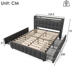 Lit double 160x200 cm avec tête de lit LED, ports USB, 4 tiroirs et sommier à lattes en bois, gris