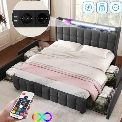 Lit double 160x200 cm avec tête de lit LED, ports USB, 4 tiroirs et sommier à lattes en bois, gris