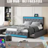Lit double 180x200 cm avec tête de lit LED réglable, USB et Type-C, 4 tiroirs, sommier à lattes, structure en métal - Gris